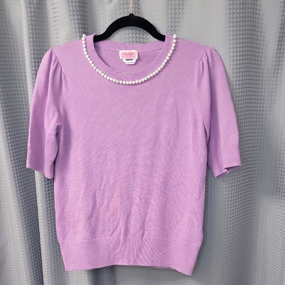 KATE SPADE Pearl & Pave Collar Short Sleeve Wool Blend Sweater Size S